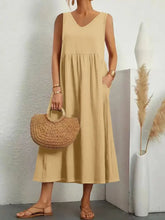 Full Size V-Neck Sleeveless Dress with Pockets Plus Size Tan Casual Dresses