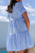 Gingham Short Sleeve Button Tie Split Neck Loose Mini Dress Casual Dresses