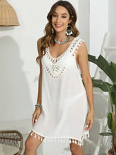 Tassel Scoop Neck Wide Strap Cover-Up White One Size Swimwear Cover-Ups