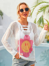 Angel Wings Flower Graphic Lace-Up Openwork Hooded Cover Up White Swimwear Cover-Ups