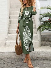 Side Slit Printed Tie Neck Dress Matcha Green Casual Dresses