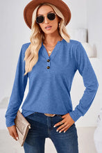 Notched Long Sleeve T-Shirt Blue Woman T Shirts