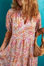 Floral Puff Sleeve Notched Tiered Mini Dress Woman Casual Dress