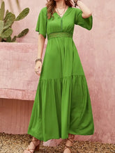 Lace Detail V-Neck Short Sleeve Dress Green Woman Casual Dress