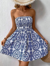 Smocked Printed Tube Mini Dress Navy Casual Dresses