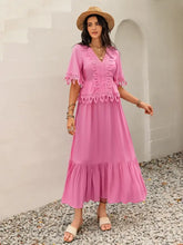 Lace Detail V-Neck Half Sleeve Midi Dress Fuchsia Pink Casual Dresses