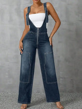 Zip Front Wide Strap Denim Overalls Medium Denim Overalls