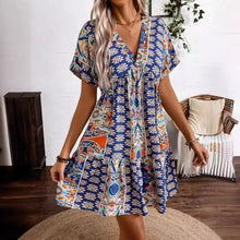 Printed V-Neck Short Sleeve Dress Casual Dresses