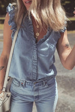 Frilly Ruffle Trim V Neck Chambray Tank Woman Denim Tops
