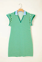 Stripe Print Contrast Collar Split Neck Flutter Sleeve Dress Woman Dress