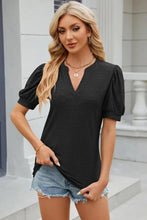 Eyelet Notched Puff Sleeve T-Shirt Woman T Shirts