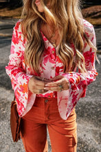 Floral Button-Down Blouse with Bell Sleeve Length and Corduroy Pants Set Woman Bodysuits