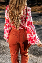 Floral Button-Down Blouse with Bell Sleeve Length and Corduroy Pants Set Woman Bodysuits