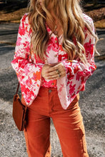Floral Button-Down Blouse with Bell Sleeve Length and Corduroy Pants Set Woman Bodysuits