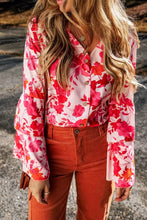 Floral Button-Down Blouse with Bell Sleeve Length and Corduroy Pants Set Woman Bodysuits