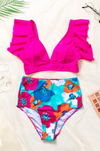 Pink Ruffled Bikini Top and Floral High Waisted Swimsuit Set Swimwear