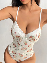 Floral Lace Backless Bodysuit with Denim Shorts Woman Bodysuits