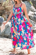 Floral Print Midi Dress in Teal Fuchsia and Orange with Side Pockets Woman Casual Dress