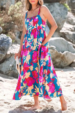 Floral Print Midi Dress in Teal Fuchsia and Orange with Side Pockets Woman Casual Dress