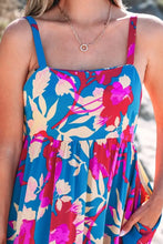 Floral Print Midi Dress in Teal Fuchsia and Orange with Side Pockets Woman Casual Dress