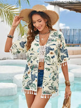 Floral Print Tassel Kimono Cover Up Machine Wash Polyester Swimwear Cover-Ups