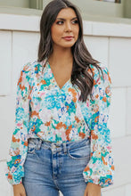 Floral Print Wrap Blouse with Long Sleeve Length Balloon Sleeves Woman Bodysuits