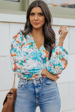 Floral Print Wrap Blouse with Long Sleeve Length Balloon Sleeves Woman Bodysuits