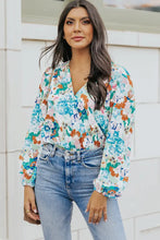 Floral Print Wrap Blouse with Long Sleeve Length Balloon Sleeves Floral Woman Bodysuits