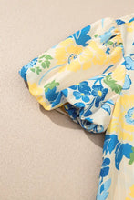 Floral Striped Trim Puff Short Sleeve Dress Casual Dresses