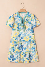 Floral Striped Trim Puff Short Sleeve Dress Casual Dresses