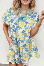 Floral Striped Trim Puff Short Sleeve Dress Pastel Yellow Casual Dresses
