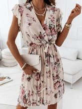 Floral Surplice Ruffled Cap Sleeve Dress Apricot Woman Casual Dress