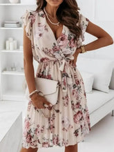 Floral Surplice Ruffled Cap Sleeve Dress Woman Casual Dress