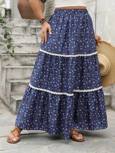 Floral Tiered Maxi Skirt with Lace Detail Dark Blue Woman Skirts
