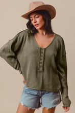 Frayed Cut Mineral Washed Olive Green Waffle Knit Henley Top VINTAGE OLIVE Woman T Shirts