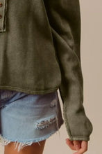 Frayed Cut Mineral Washed Olive Green Waffle Knit Henley Top Woman T Shirts