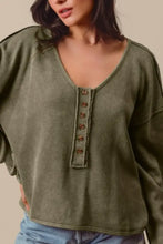 Frayed Cut Mineral Washed Olive Green Waffle Knit Henley Top Woman T Shirts