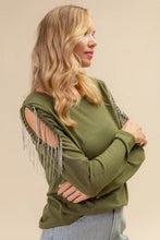 French Terry Cold Shoulder Top with Silver Fringe and Ringstone Detail Woman T Shirts