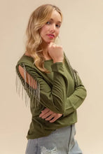 French Terry Cold Shoulder Top with Silver Fringe and Ringstone Detail Woman T Shirts