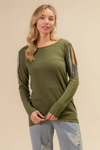 French Terry Cold Shoulder Top with Silver Fringe and Ringstone Detail OLIVE Woman T Shirts
