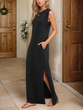 Full Size Slit Round Neck Sleeveless Maxi Tank Dress Plus Size Black Casual Dresses