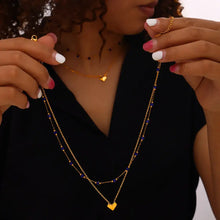 Gold Layered Necklace with Blue Beads Titanium Steel Heart Pendant Fashion Jewelry