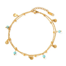 Gold-Tone Double-Strand Bracelet with Turquoise Beads and Seashell Charms Fashion Jewelry