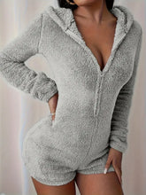 Gray Fuzzy Hooded Romper for Women Woman Bodysuits