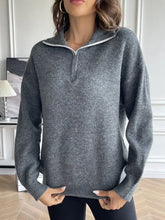 Gray Knit Quarter-Zip Sweater with White-Trimmed Collar Charcoal Sweater Pullovers