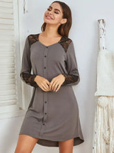 Gray Lace Accented Long Sleeve Button Down Nightgown Dresses