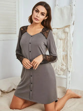 Gray Lace Accented Long Sleeve Button Down Nightgown Dresses
