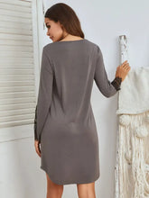 Gray Lace Accented Long Sleeve Button Down Nightgown Dresses