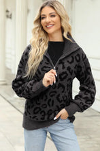 Gray Leopard Print Zip Up Sweater Long Sleeve Cardigan Pullover Sweater Pullovers