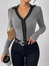 Gray Ribbed Knit Long Sleeve Button Down Bodysuit for Women Gray Woman Bodysuits